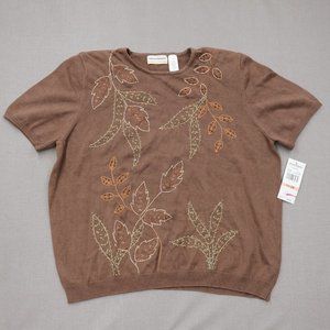 New Alfred Dunner Short Sleeve Knit Top Sweater 2XL Ramie Leaf Embroidered Brown